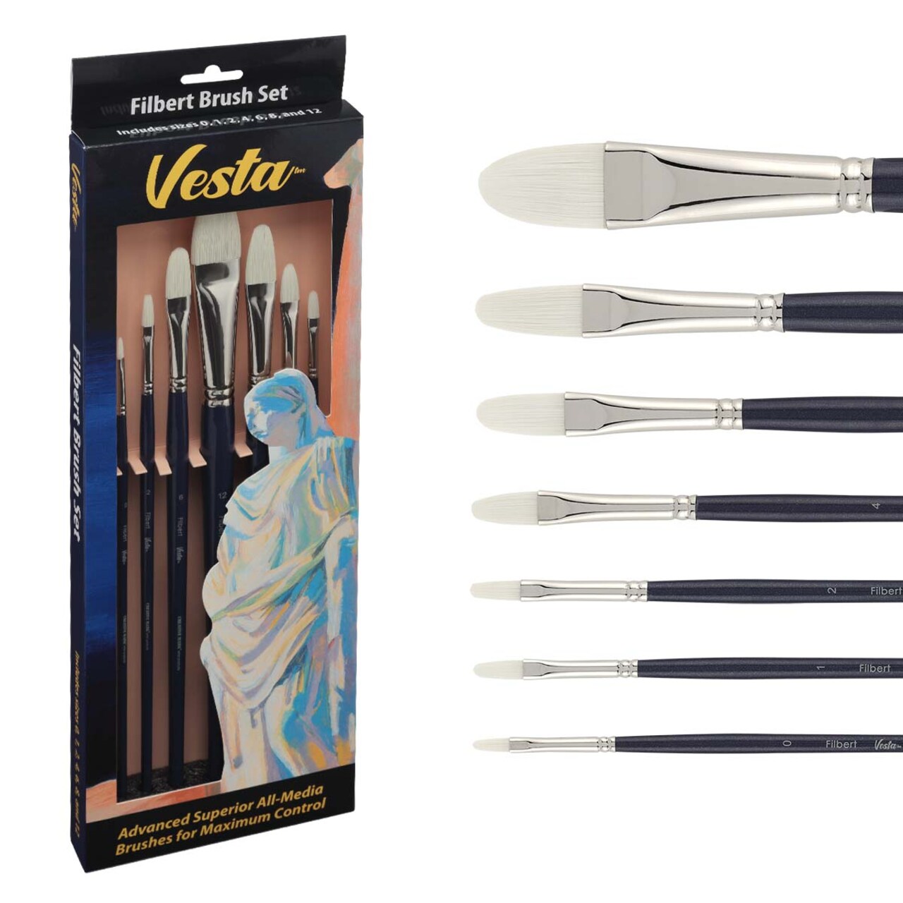 Creative Mark Vesta Synthetic Bristle Artist Paint Brushes for Acrylic Painting - Long Handle Acrylic Paint Brush Sets Mimic Chungking Bristles for Oils and Alkyds - Filbert, Bright, Flat, Round